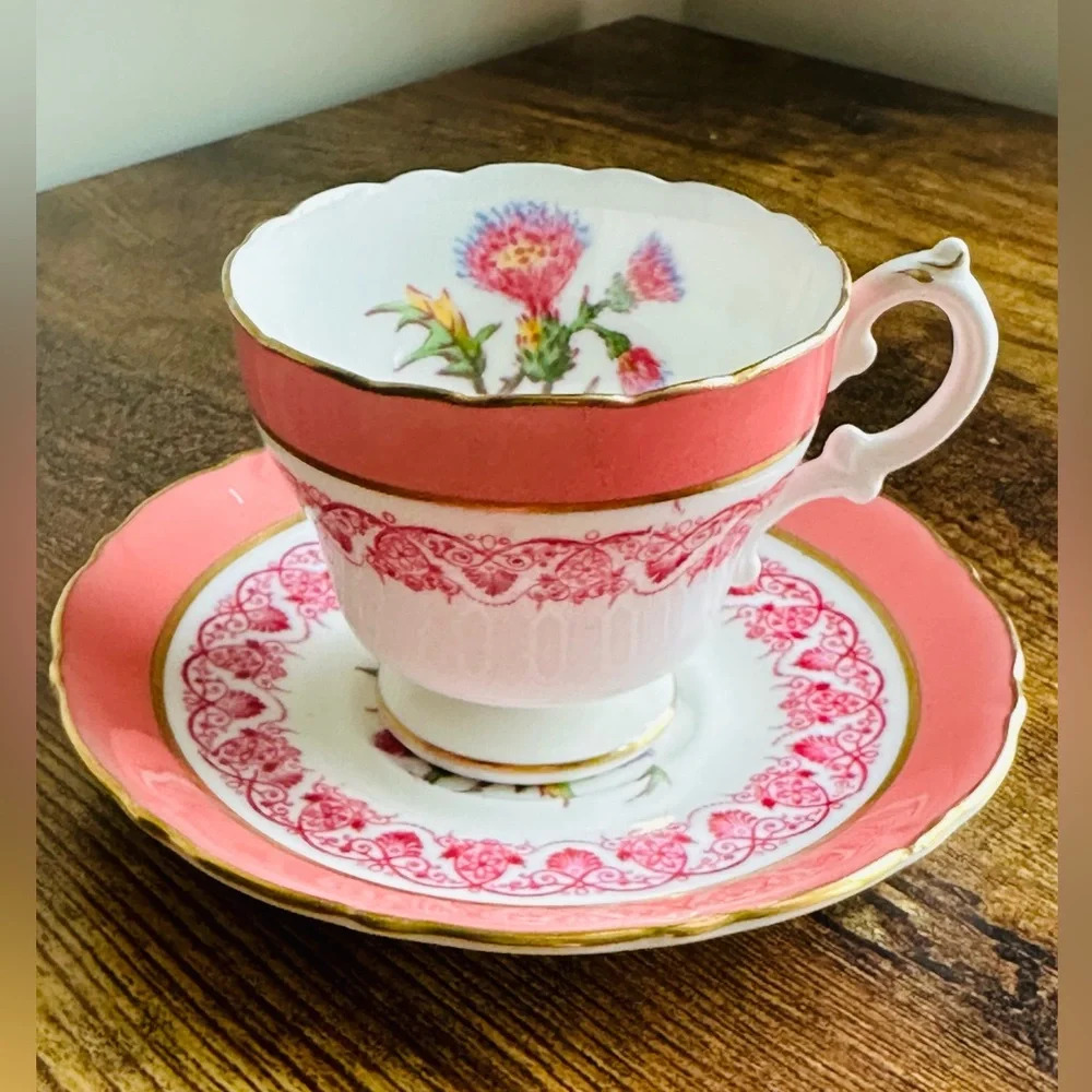 Elegant Pink Floral Teacup and Saucer Set